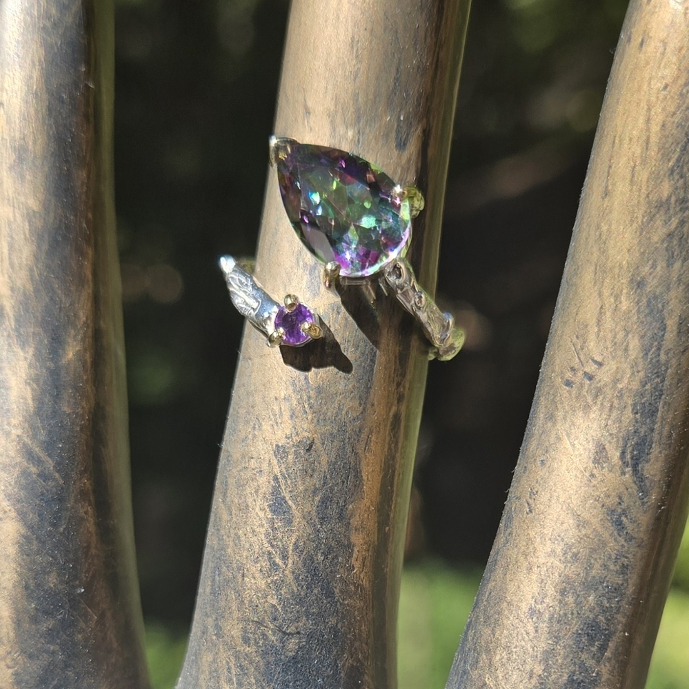 Sultans Mystic Stone & Amethyst Teardrop Sterling & Gold Ring Sz7 - Picture 7 of 10